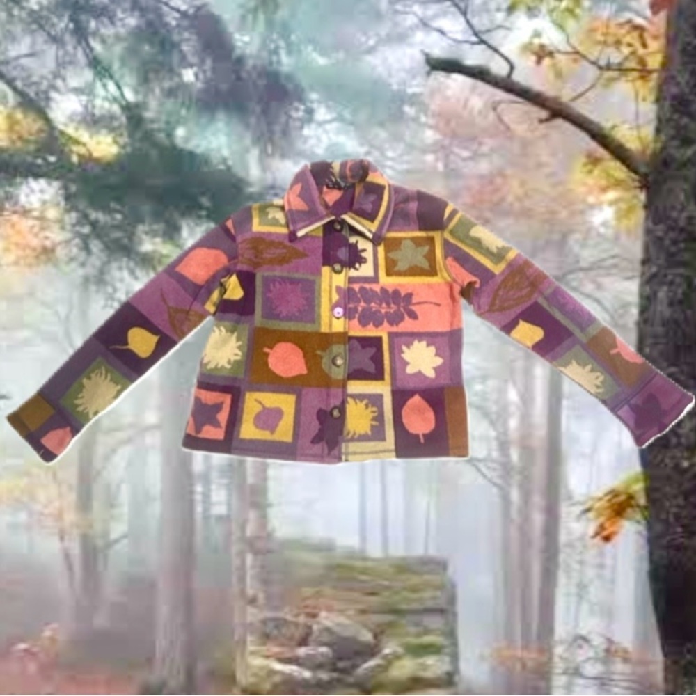 Colorful Patchwork Art Fleece button Jacket funky groovy nature leaves stars - Picture 1 of 5